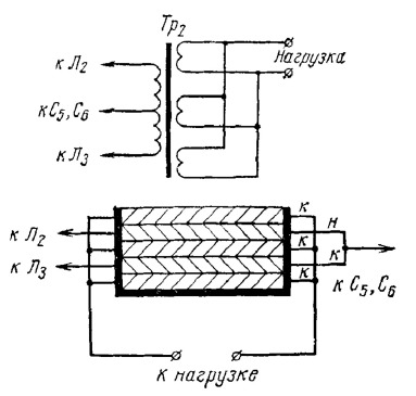 Принципиальная схема и схема намотки выходного трансформатора лампового усилителя мощности Г. Крылова